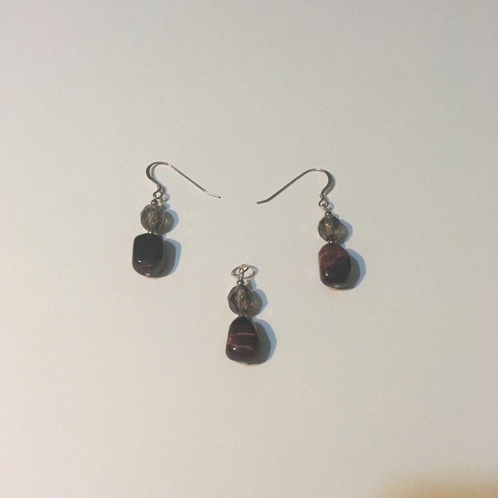 Tigereye & Czech earrings and pendant